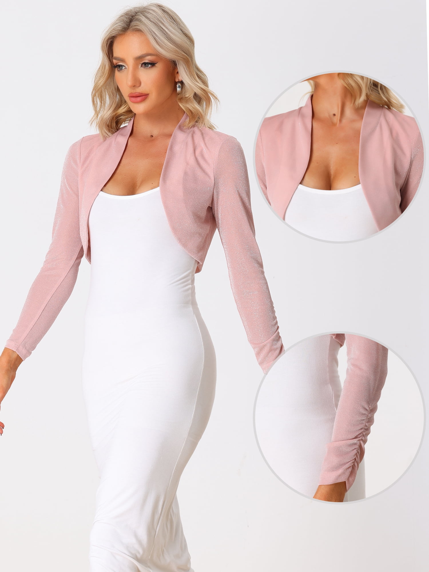 DARING DIVA Open Front Long Sleeves Sheer Bolero Glitter Shrug M Pink