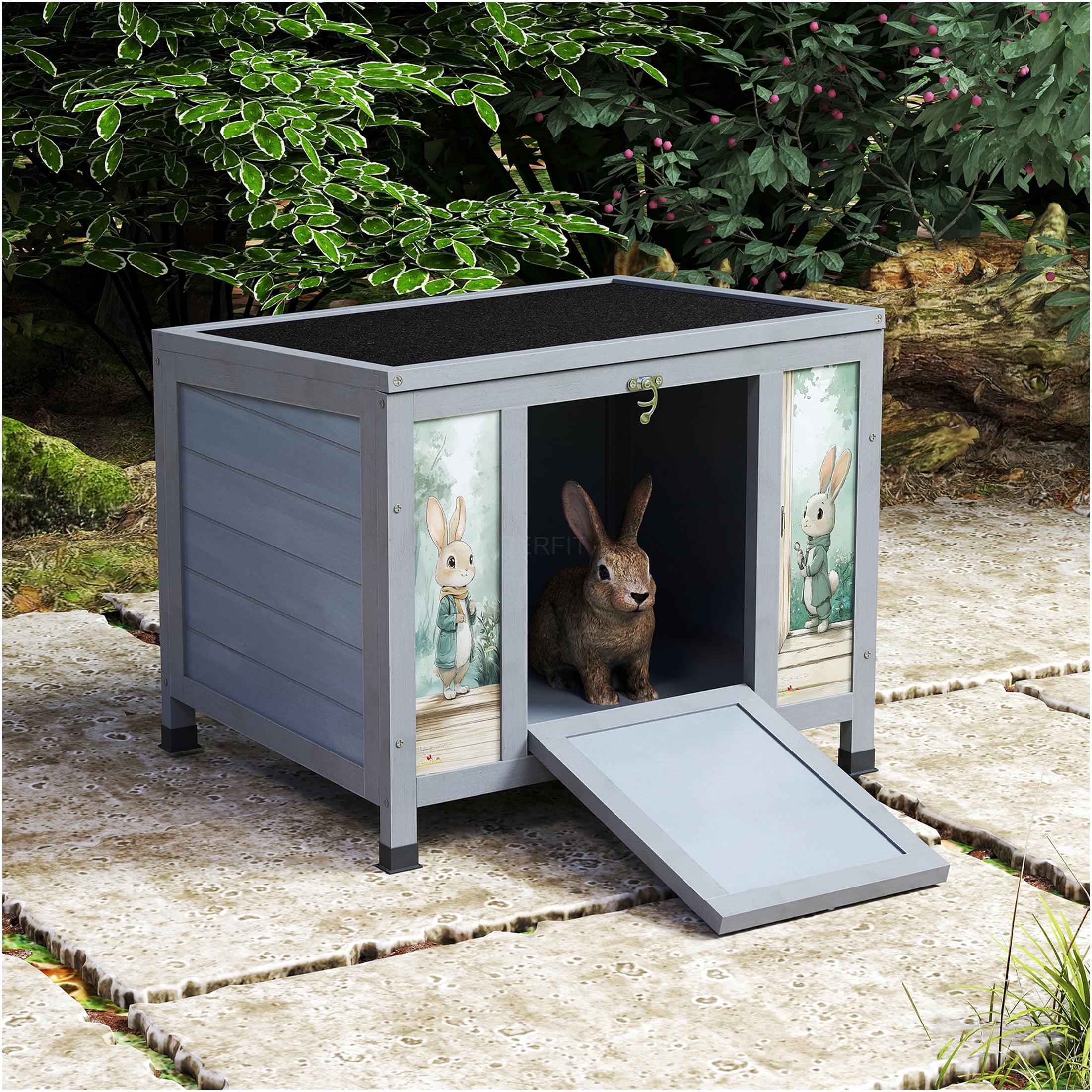 JERFIT Outdoor Rabbit Hutch with Waterproof Roof, Lockable Door & Ramp for Rabbits, Guinea Pigs, Small Pets, Gray