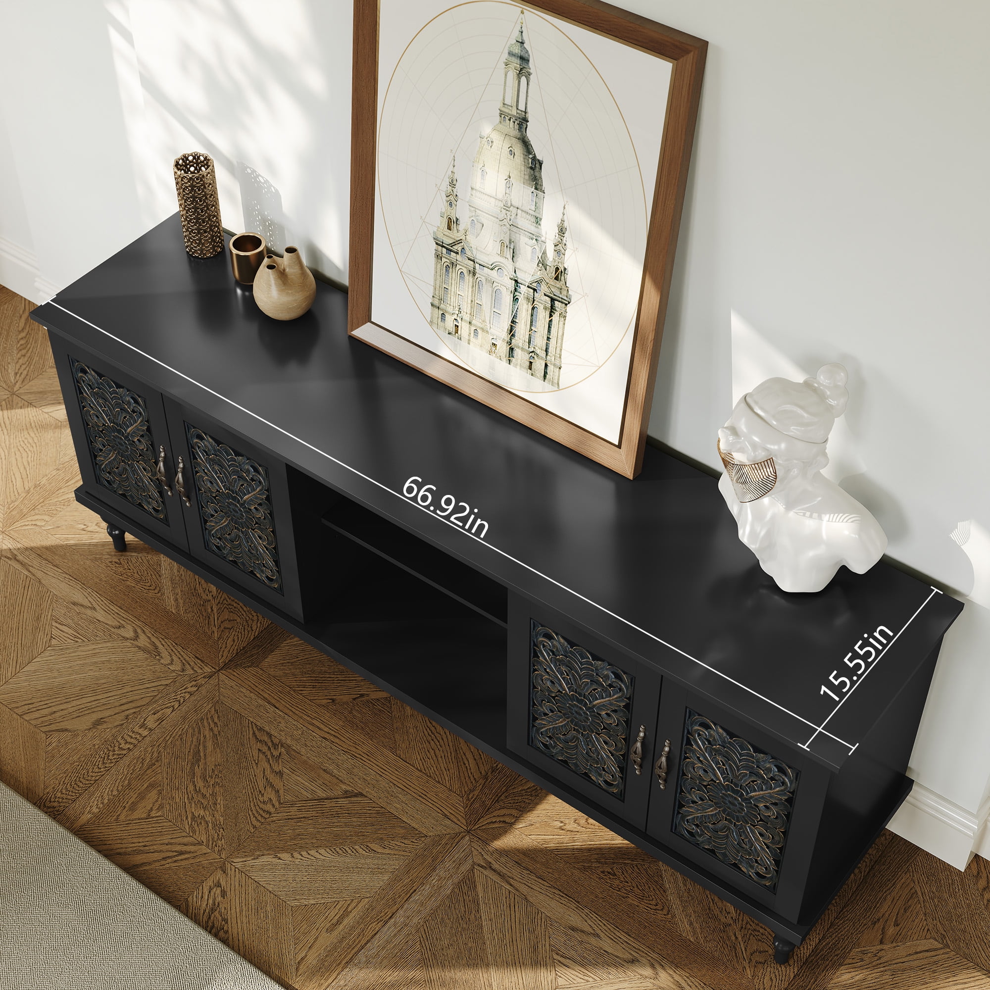 HLR Retro 67" TV Stand, for TVs up to 75", Living Room Entertainment Center with Carved Storage Cabinet, Black