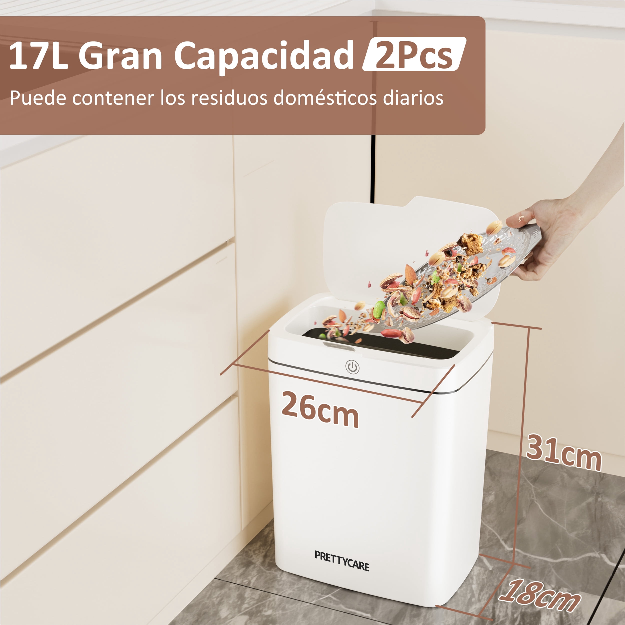 PrettyCare 2 Packs Trash Cans, 4.6 Gal Automatic With Lid Touchless Small Plastic Garbage Can, for Kitchen,Living Room,Bedroom, Bathroom, White, GW01