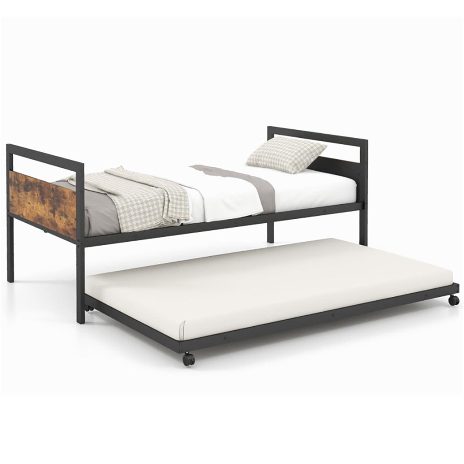 Demi Bonn Twin Size Metal Daybed with Trundle Lockable Wheels, Modern Bed Frame for Teens, Black