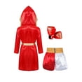 thumbnail image 4 of Sinleey Kids Boys Girls 3Pcs Boxing Suit Satin Hooded Boxing Robes with Boxer Shorts and Punching Sparring Gloves Set Burgundy&Yellow 12, 4 of 9