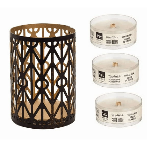 WoodWick Bronze Metal Geometric Pattern Petite Candle Holder Gift Set with 3 Vanilla Bean Petite Candles