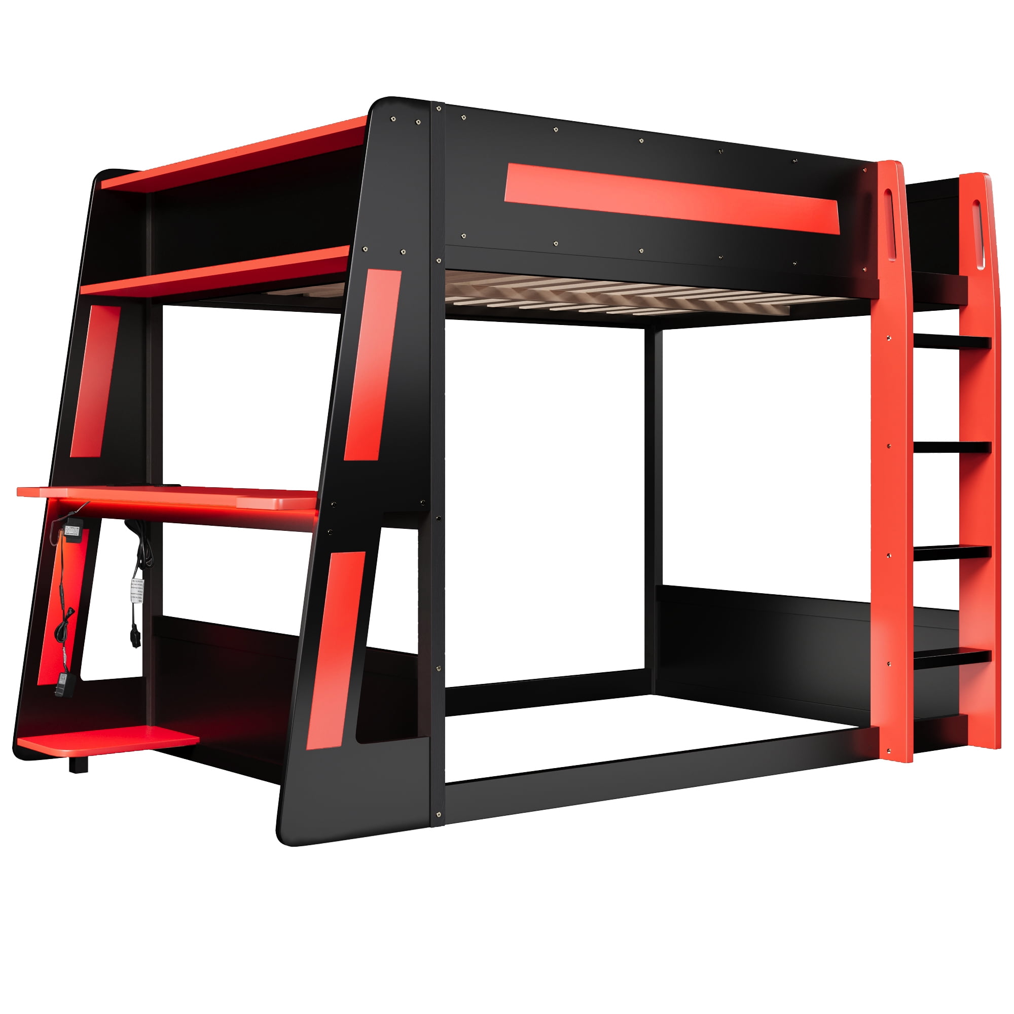 Euroco Wood Full over Full Size Bunk Bed with Shelves, Gaming Bed with Desk, USB Charging and LED Light, Black&Red
