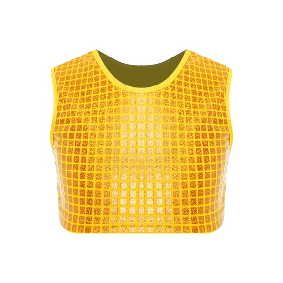 Haitryli Kids Girls Metallic Cropped Top Sparkly Shiny Dance Shirt for Hip Hop Disco Dance Stage Performance Gold 170-180