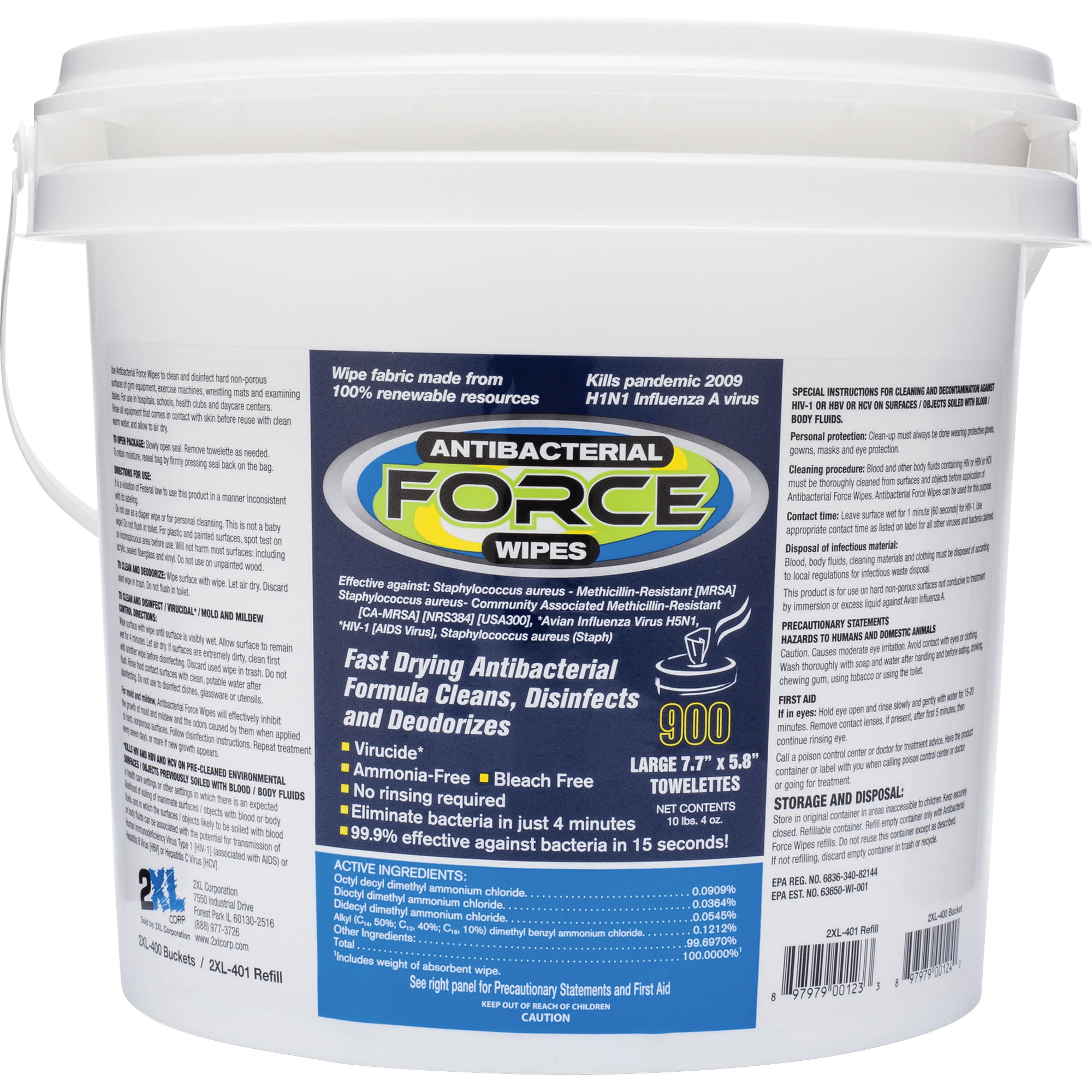 2XL Force Antibacterial Wipes, 6" x 8", White, Bucket Of 900
