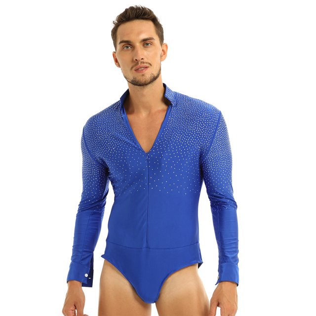 CHICTRY Mens Dance Shirt Bodysuit Shirt Shiny Rhinestones Leotard