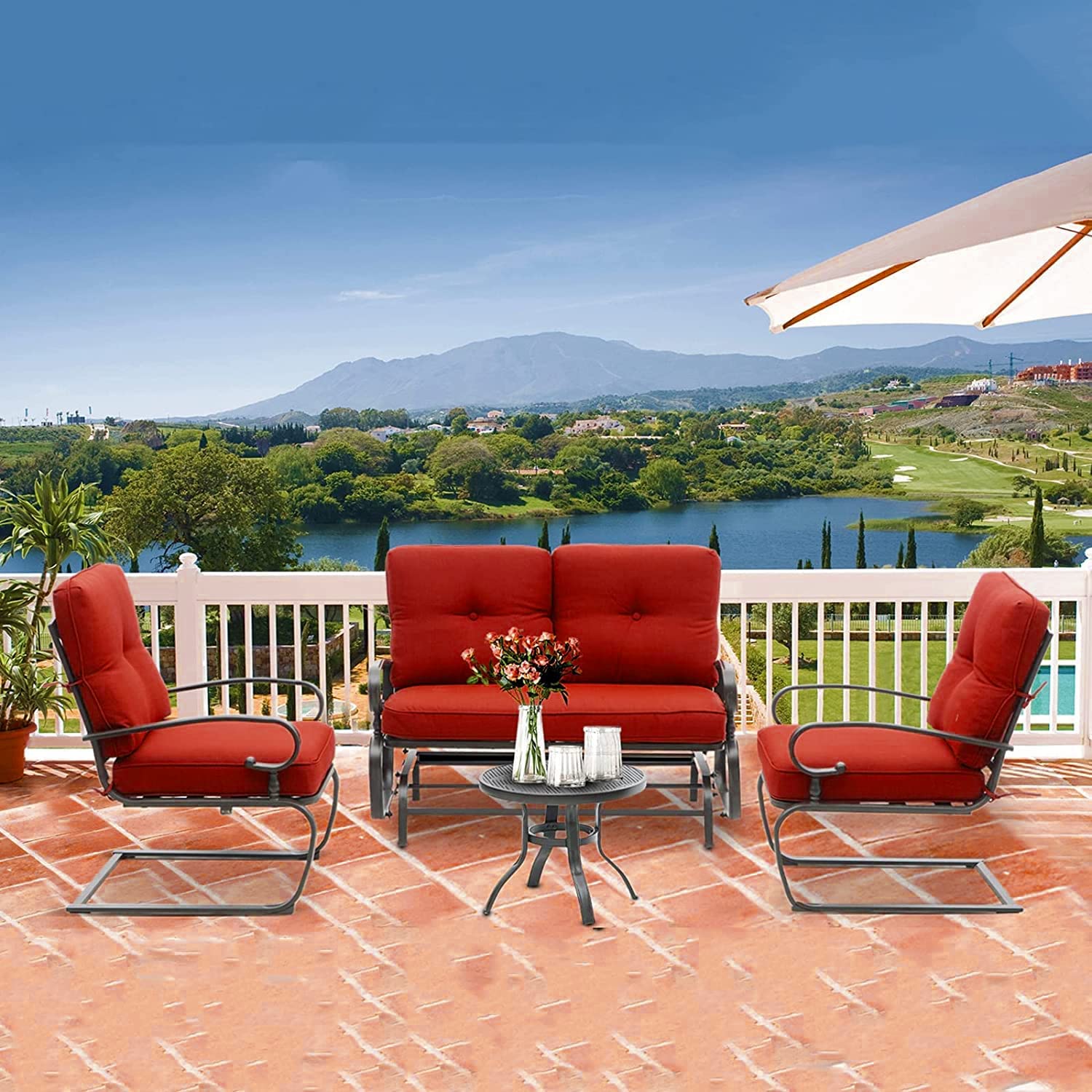 SUNCROWN 4-Piece Outdoor Patio Furniture Set Wrought Iron Conversation Sets, Red - image 4 of 8
