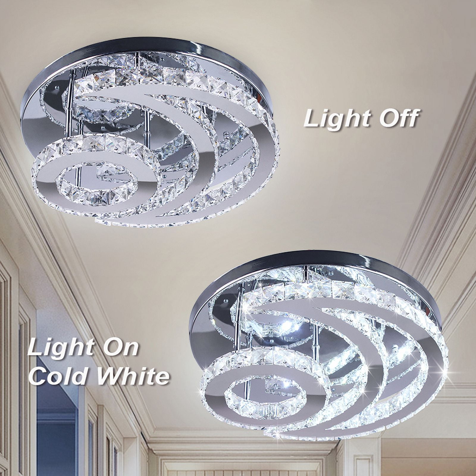 FRIXCHUR Modern Crystal Chandelier LED Moon Crystal Ceiling Light  Flush Mount Chandelies for Dining Room Bathroom Bedroom Living Room(Cool White)