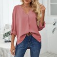 thumbnail image 2 of Blouse Long Sleeve V Neck Pure Color Ruffle Rolled Cuffs Fashionable Casual Tops for Women Pink M, 2 of 6