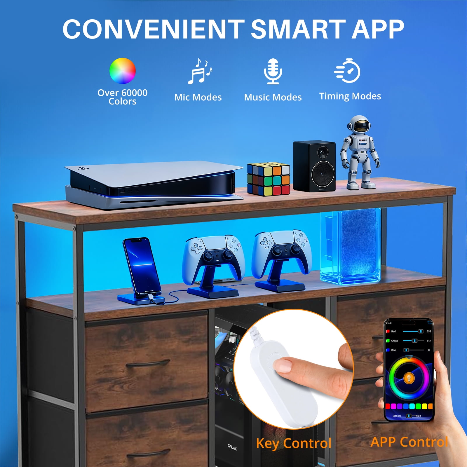 Simenmax TV Stand Dresser, Smart LED TV Stand with Charging Station, 4-Drawer Media Console for Living Room & Bedroom, Fits 50 Inch TV, Adjustable Feet, Brown