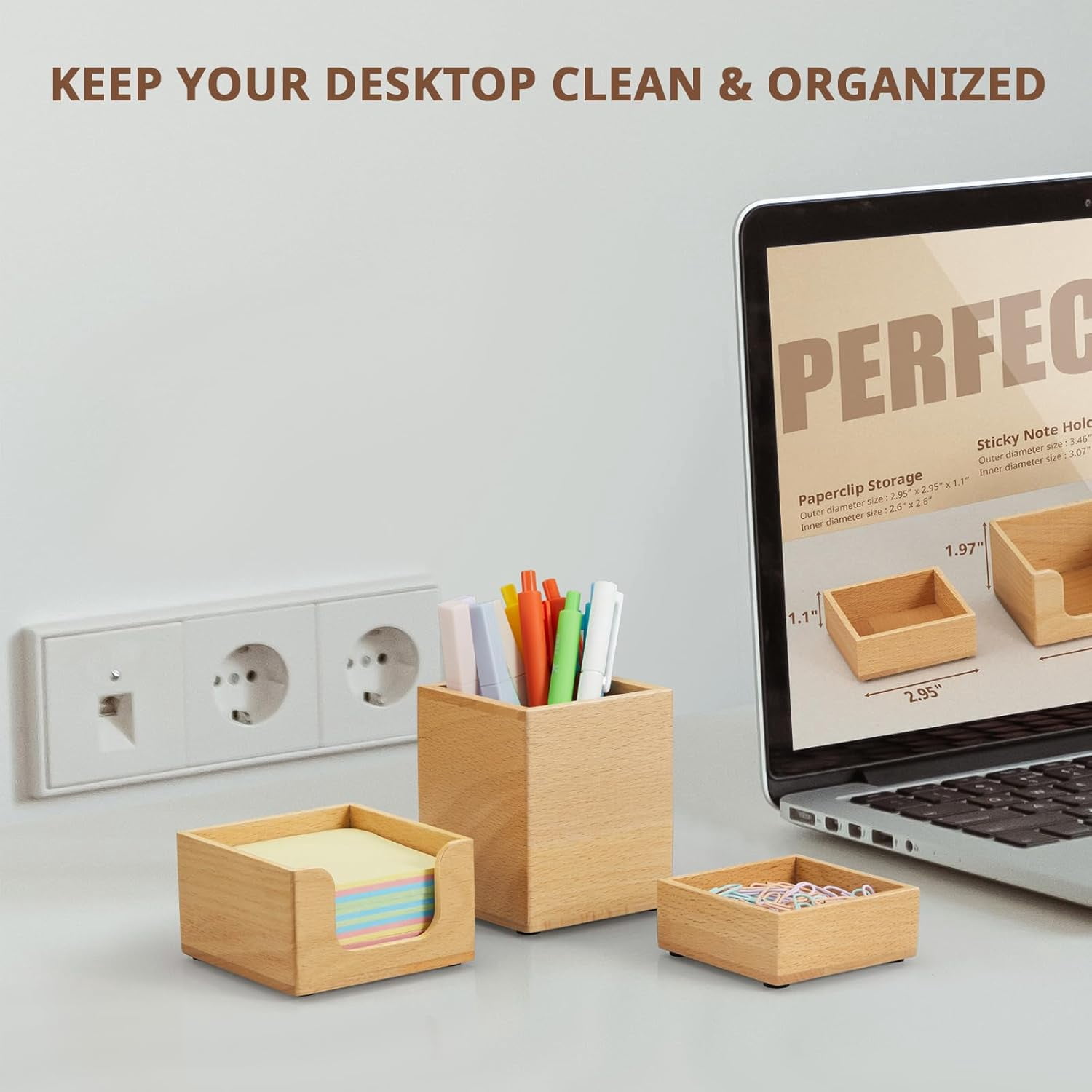 Desk Organizer Set of 3 - Wood Office Desk Accessories - Desk Organizers and Accessories for Women Men - Set incl. Pencil Pen Holder, Paperclip Storage and Sticky Note Holder