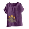 thumbnail image 4 of Lovskoo Oversize Cotton Linen Tops for Women Floral Butterfly Print Summer Blouses Casual Round Neck Short Sleeve Loose Shirt Purple, 4 of 5