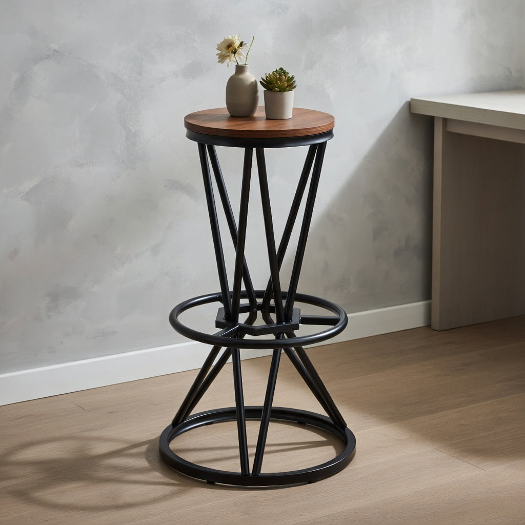 Hommoo 3-Piece Industrial Bar Set, 31.5" Wood Grain MDF Round Bar Table + 2 Metal Bar Stools for Kitchen Island, Small Apartment, Breakfast Nook, Walnut & Black