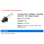 Low Beam Bulb - Headlight - Compatible with 2015 - 2017 Subaru Outback 2016