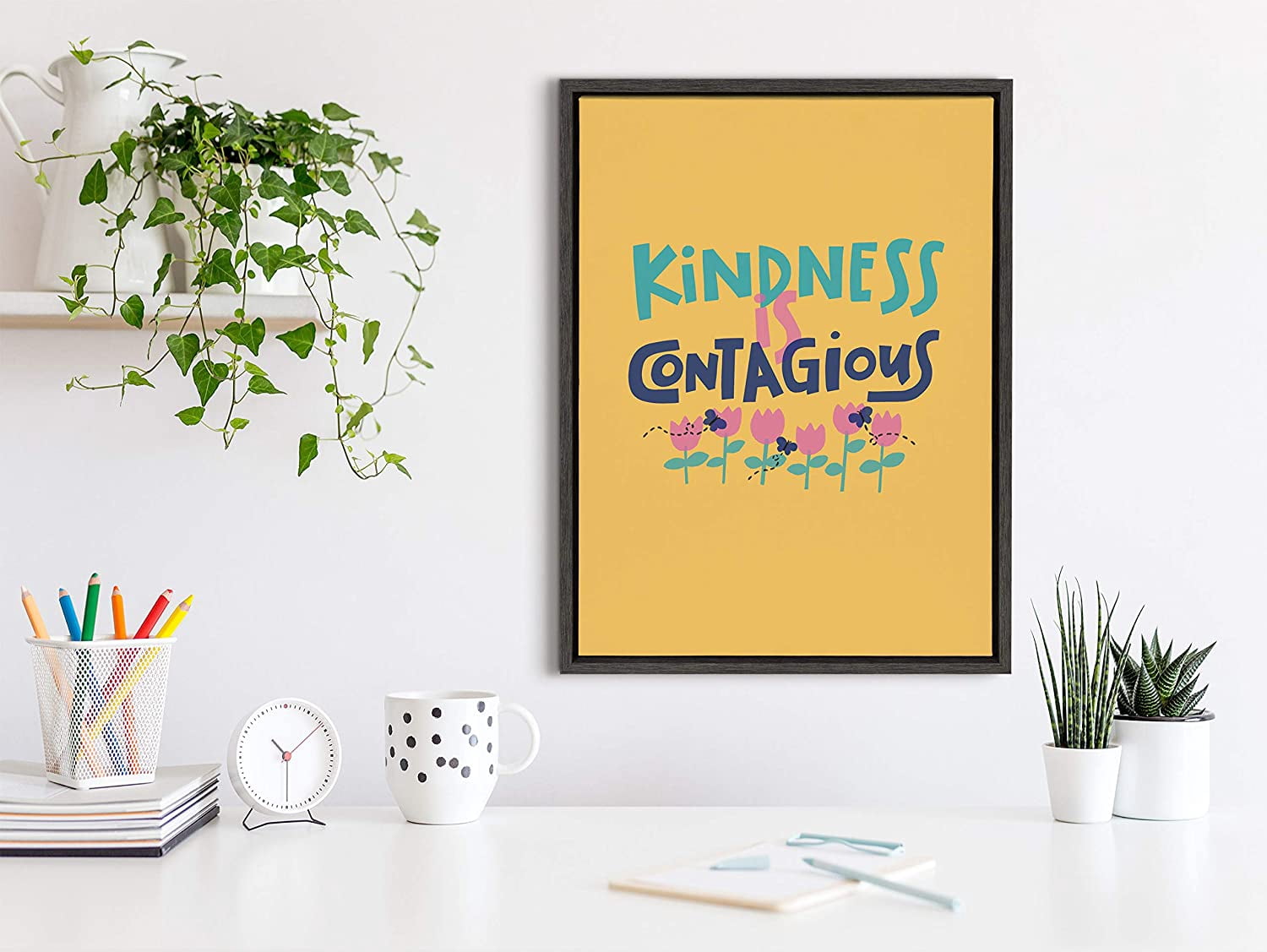 Kate and Laurel Sylvie Kindness Is Contagious Framed Canvas Wall Art by Jenn Van Wyk of Courageous & Kind Paper Co., 18x24 Gray, Motivational Art for Wall