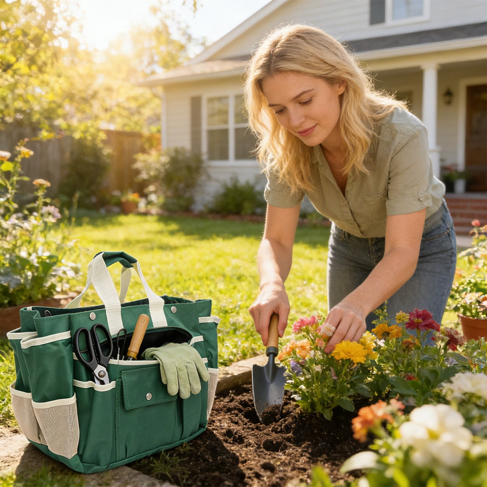 Multi Functional Folding Gardening Tool Storage Bag Handheld Organizer with Multiple Pockets, Durable Cloth Tote for Garden Tools