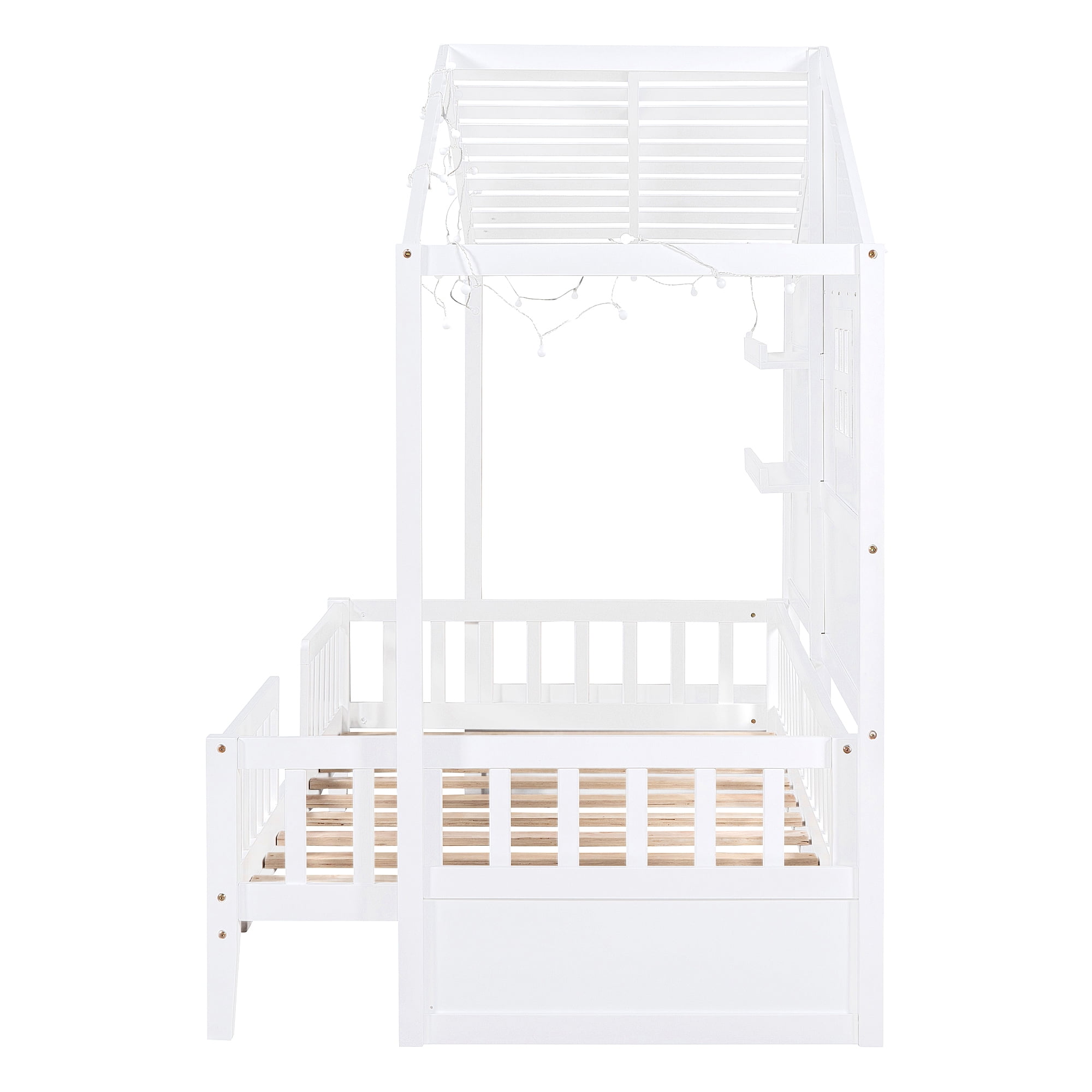 Harper & Bright Designs Twin Size House Bed with Storage Shelves and Rails, Wood Kids Montessori Bed Frame with Window and Sparkling Light Strip on The Roof for Boy Girls, White