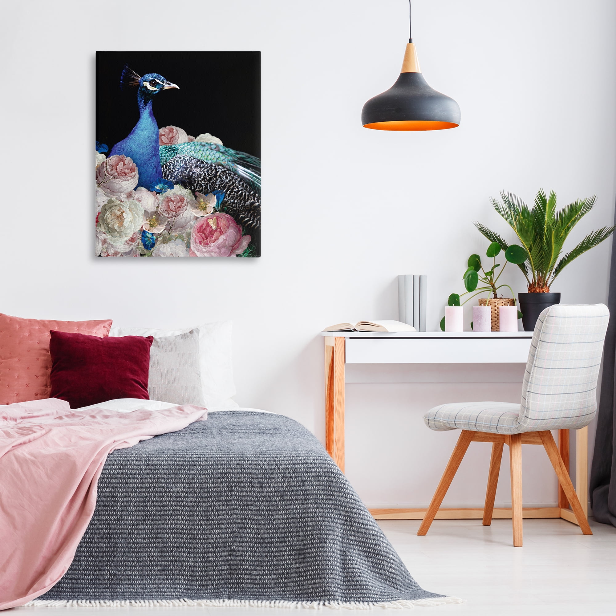 Stupell Industries Peacock & Peonies Animals Painting Wrapped Canvas Art Print Wall Art, 30 x 40