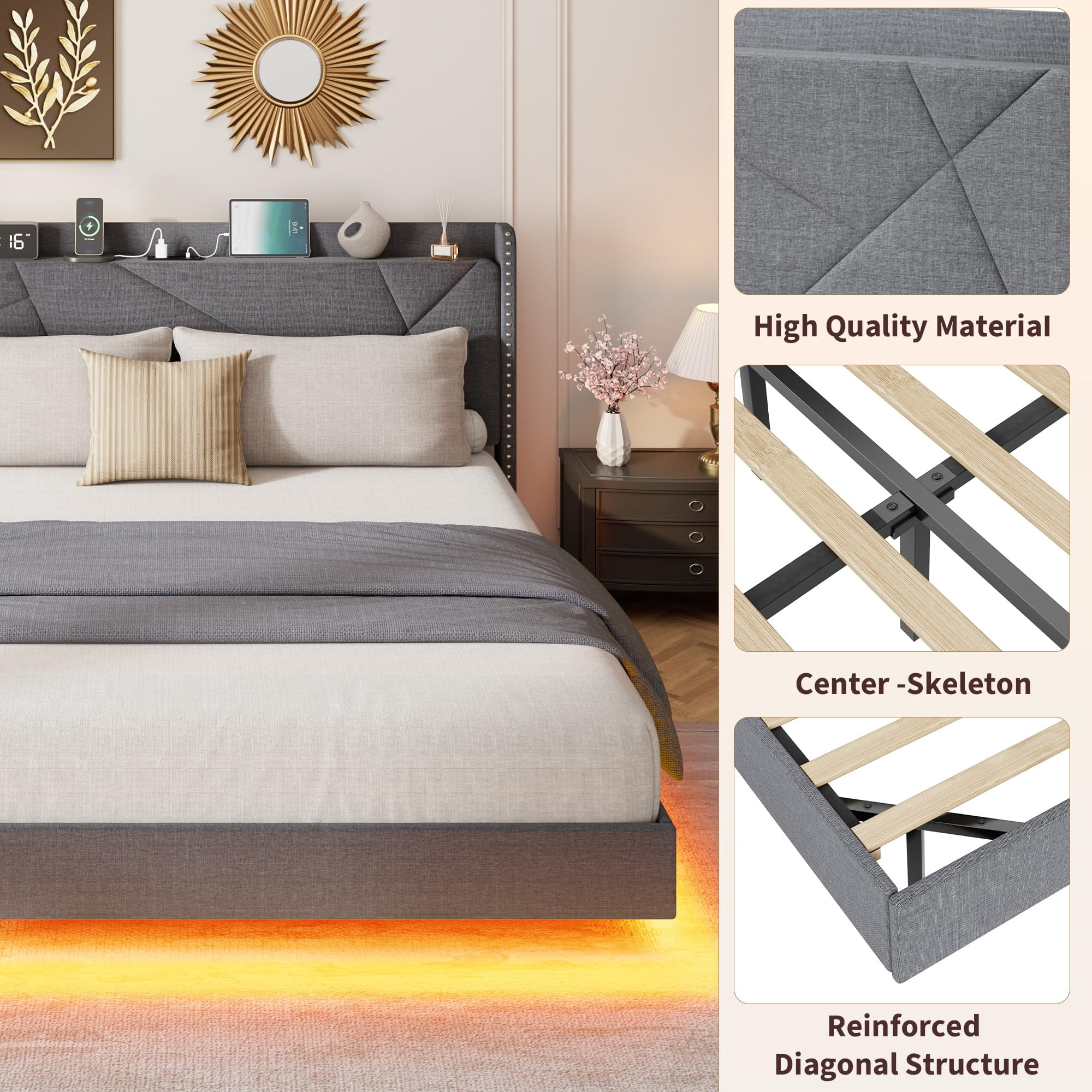 Huisuilinss Floating Bed Frame Full,Queen Size Upholstered Platform Bed With LED Lights & Charging Station,Storage Headboard & Folding Shelves Storage,Metal Slats Support,No Box Spring Needed