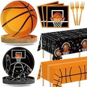 98PCS Basketball Party Supplies Basketball Party Plate and Napkin Tablecloth Sport Theme Decoration Disposable Tableware Dinnerware Set for Teenager Kids Boys Birthday Party Table Cover Decor Serve