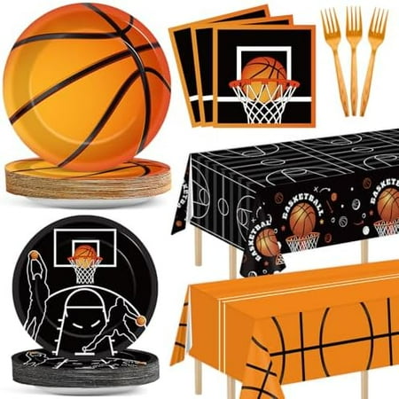 98PCS Basketball Party Supplies Basketball Party Plate and Napkin Tablecloth Sport Theme Decoration Disposable Tableware Dinnerware Set for Teenager Kids Boys Birthday Party Table Cover Decor Serve
