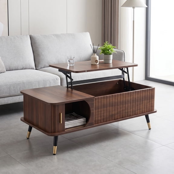 iooHug Lift Top Coffee Table, 39.37 Inch Mid‑Century Wood Grain Coffee Table with Hidden & Side Storage, Multi‑Functional Center Table for Living Room,Walnut