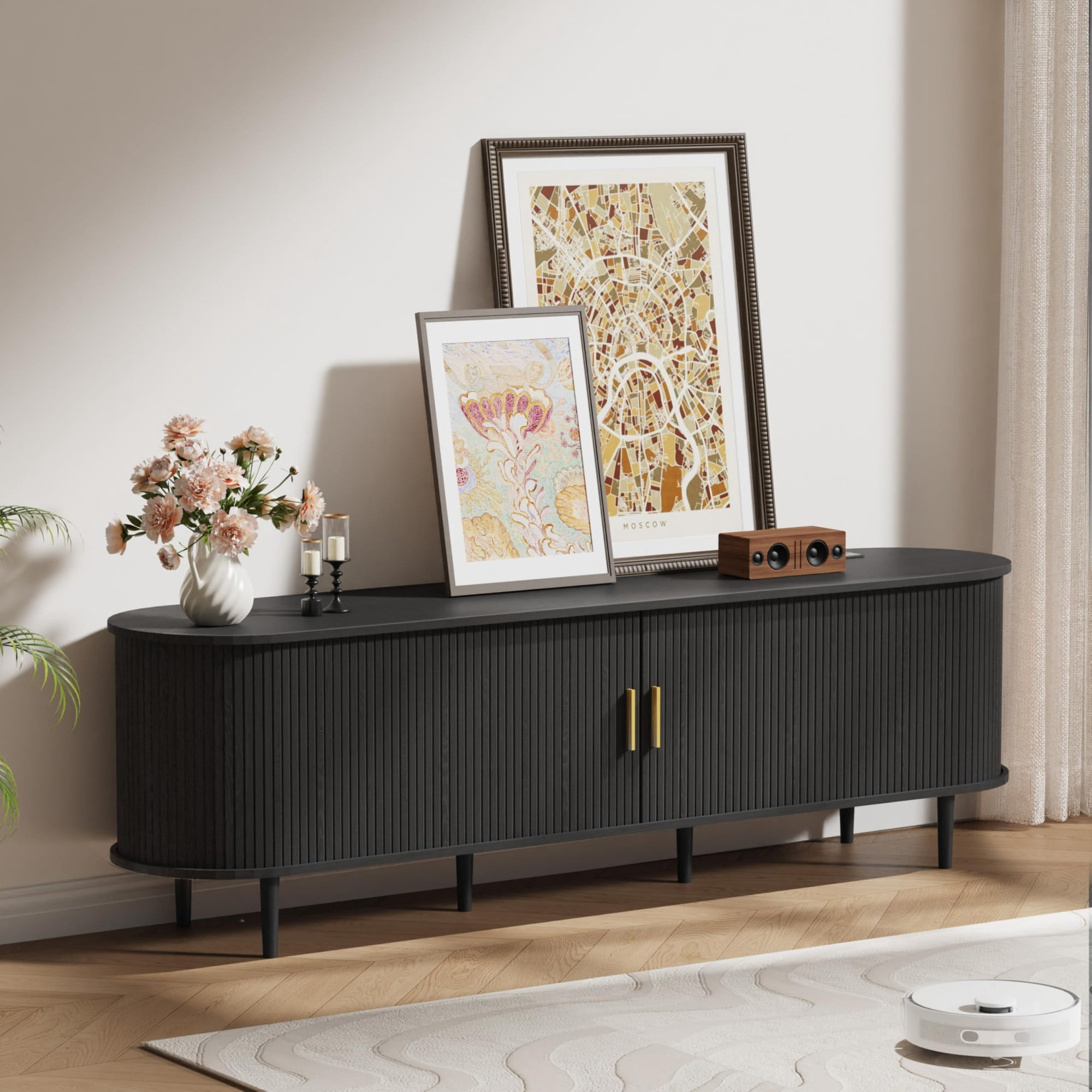 70.8 Inch Mid Century Modern TV Stand with Power Outlet, Fluted Media Console with Sliding Doors for TVs up to 80 Inch, Black