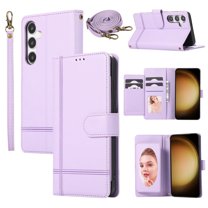 Allytechgroup Galaxy S21 Wallet Case with Makeup Mirror   Hand Wrist   Crossybody Shoulder Strap, Retro Multiple Cards Slots Cash Pocket Flip Stand Cover for Samsung Galaxy S21, Purple