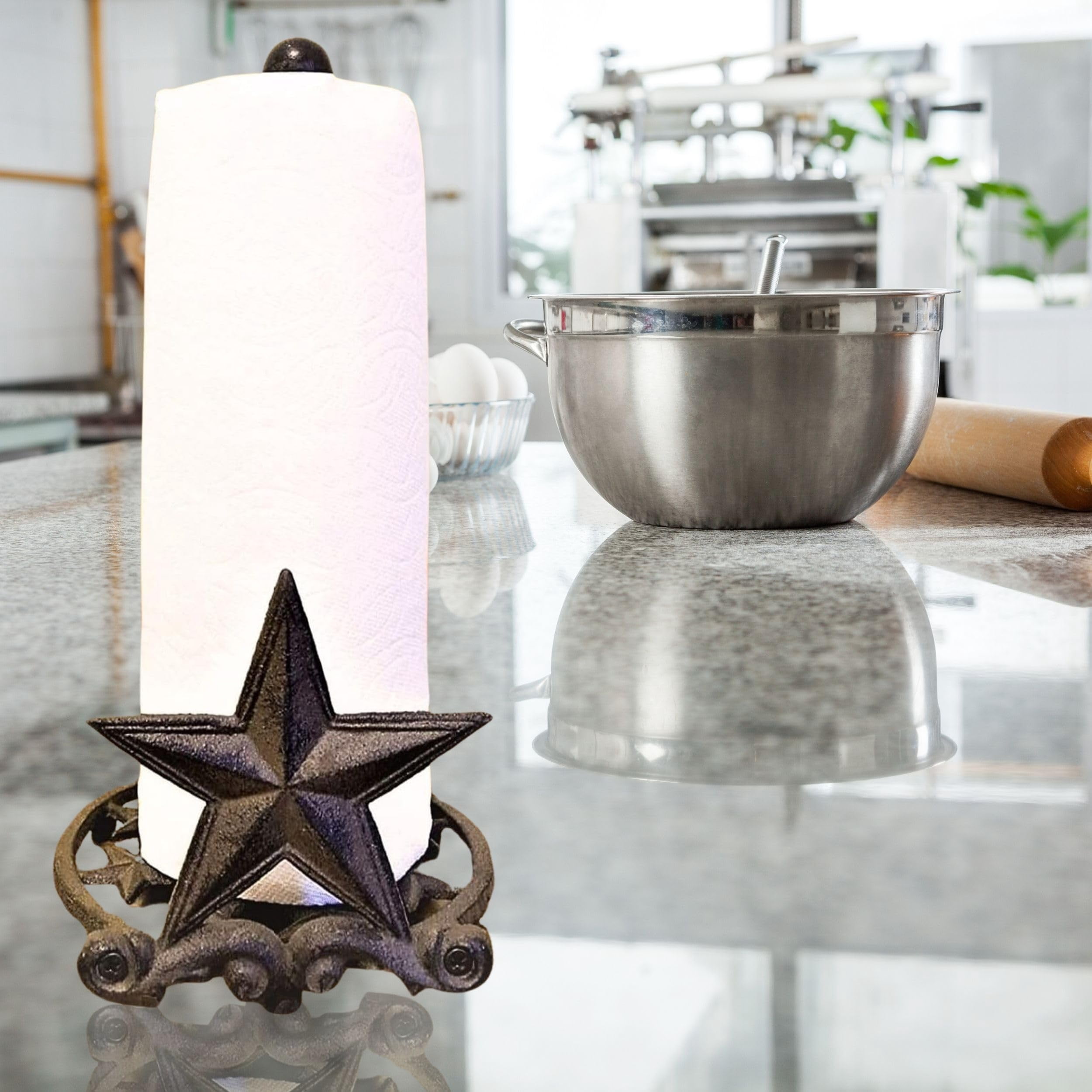 BestGiftEver Metal Star Country Rustic Paper Towel Holder - Freestanding Kitchen Countertop Decor for Farmhouse, and Western Styles - Made of Rustic Brown Cast Iron, for Countertop Cabin Theme