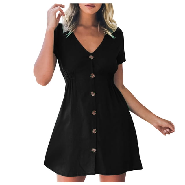 Robe d'Été pour Femmes avec Manches Robe de Vacances d'Été pour Femmes Col en V Uni Boutons Taille Hauts Robe de Vacances pour Femmes Robe en Lin d'Été pour Femmes Hauts d'Été pour Femmes avec Manches