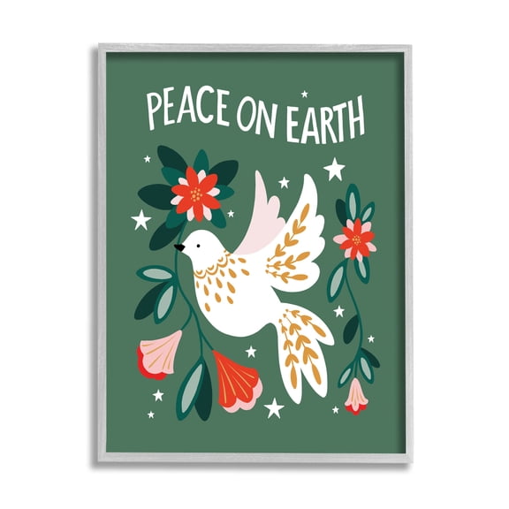Peace On Earth Floral Dove Blossoms Holiday Graphic Art Gray Framed Art Print Wall Art