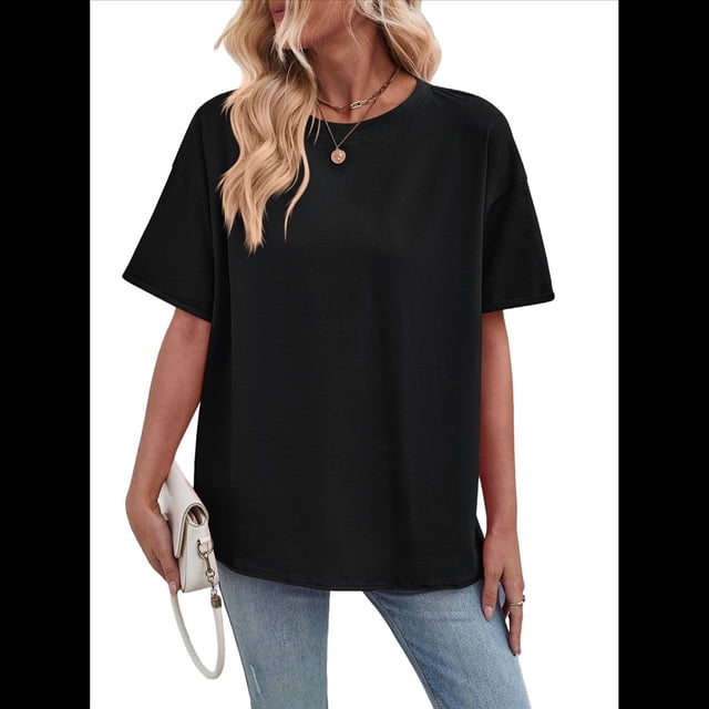 Camisetas Holgadas de Gran Tamaño para Mujer, Cuello Redondo, Corta, Blusa Informal de Verano Y2K 2025, Camiseta Básica Negro XL