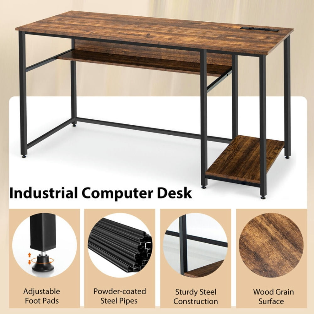 Demi Bonn 55" Computer Desk with Power Outlets and USB Ports for Home and Office Study Writing Table, Brown
