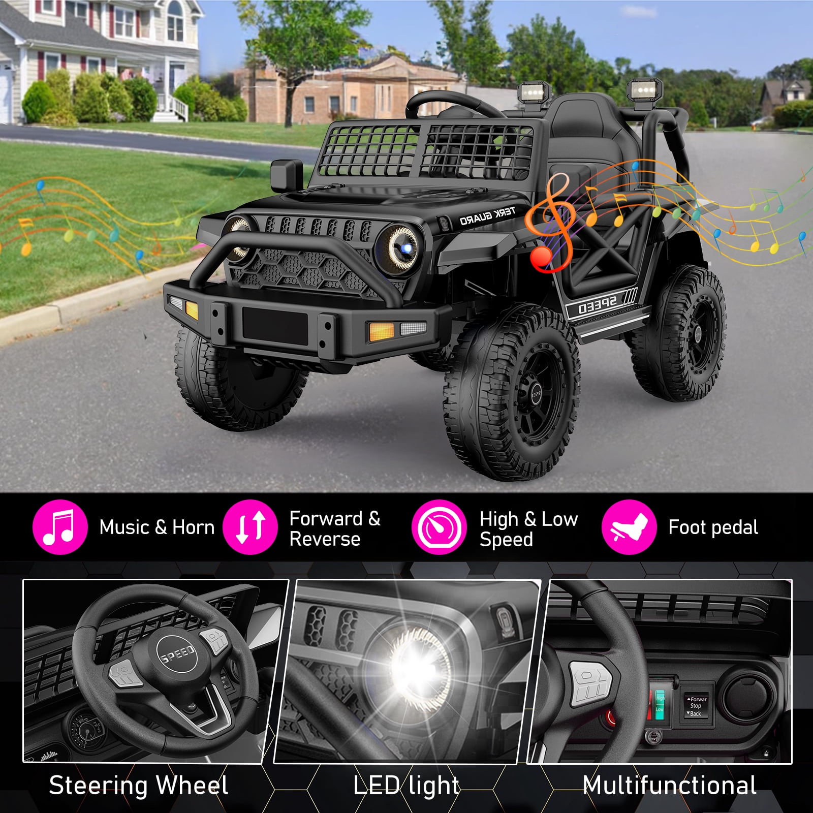 YunTopKids 12V Ride On Cars Toys for Kids,Power Car Wheels with Parent Remote Control,Bluetooth Music,LED Lights,Black