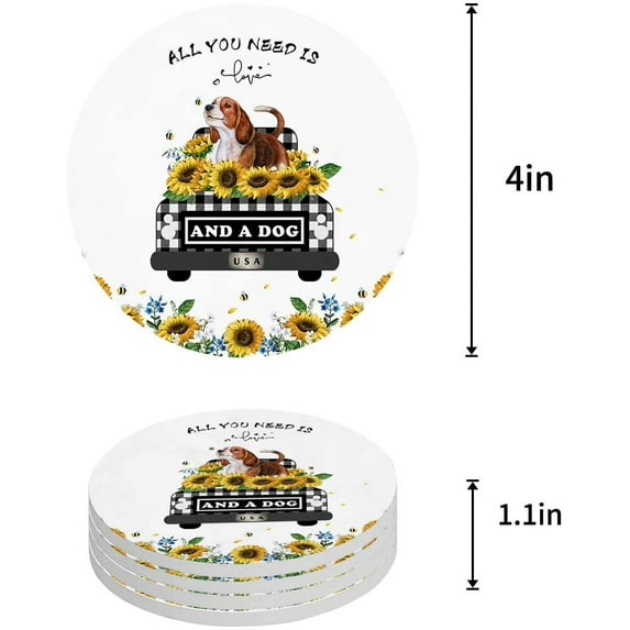 FMSHPON Lovely Dog in A Plaid Truck and Farm Sunflowers Set of 4 Round Coaster for Drinks, Absorbent Ceramic Stone Coasters Cup Mat with Cork Base for Home Kitchen Room Coffee Table Bar Decor