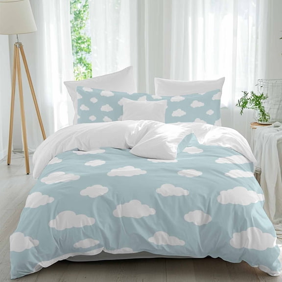 3 Piece Clouds Duvet Cover Set Queen Size, Microfiber Comforter/Quilt Cover with Corner Ties and 2 Pillowcases, Cartoon Blue Sky Minimalist Aesthetic All Season Soft Bedding with Zipper Closure