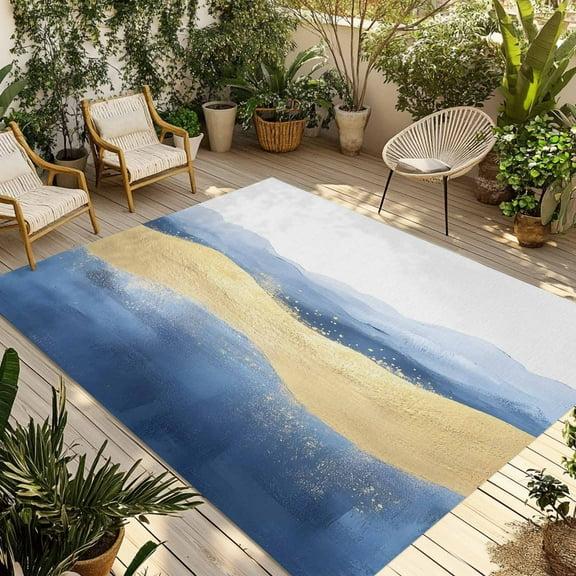 Fsddascl Blue Yellow Outdoor Rug for Patio/Deck/Porch, Non-Slip Large Area Rug 6 x 9 Ft, Modern Abstract Art Waves Indoor Outdoor Rugs Washable Area Rugs, Reversible Camping Rug Carpet Runner