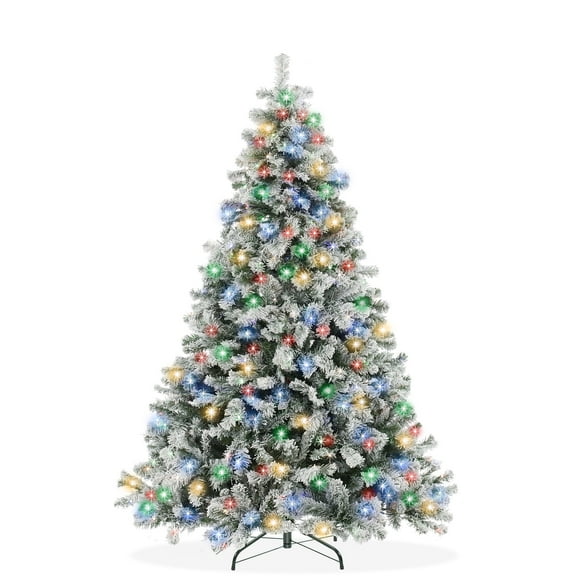 6/7.5ft Pre-Lit Snow Flocked Artificial Christmas Tree with White and Multicolor Lights