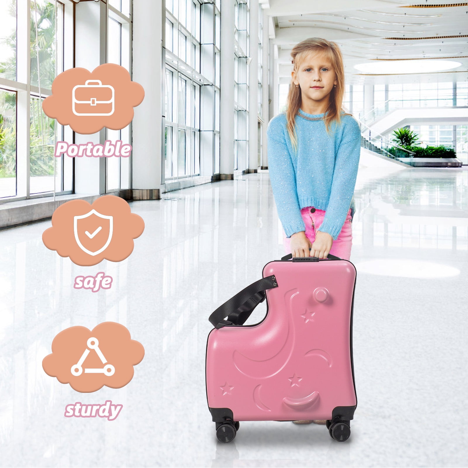 Large Capacity Carry-On Luggage with Casters, Impact Resistant Rolling Children Travel Suitcase with Seat and Safety Belt, Carry-on Luggage with 4 Spinner Wheels-Pink