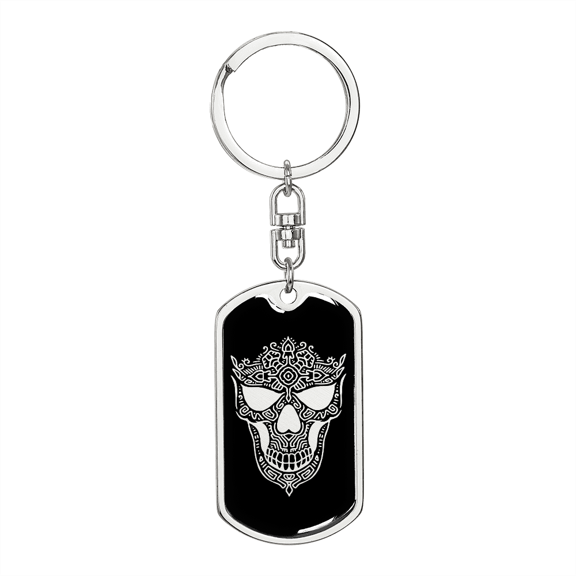 Calavera Mexican Sugar Skull 170 Stainless Steel or 18k Gold Premium Swivel Dog Tag Keychain