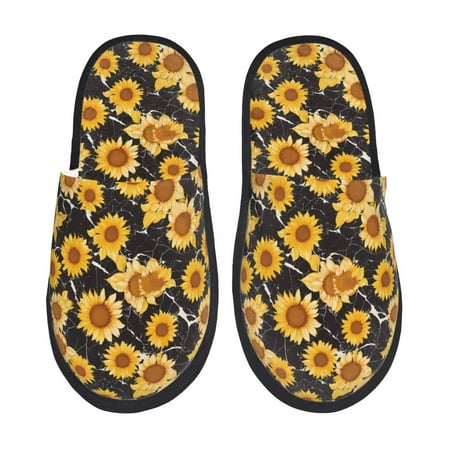 

Fuzoiu Black Marble Pattern Sunflower Print Unisex Furry Slippers Plush Indoor Shoes Trendy House Slippers Anti-Skid EVA Sole House Shoes for Home Office and Travel -Medium
