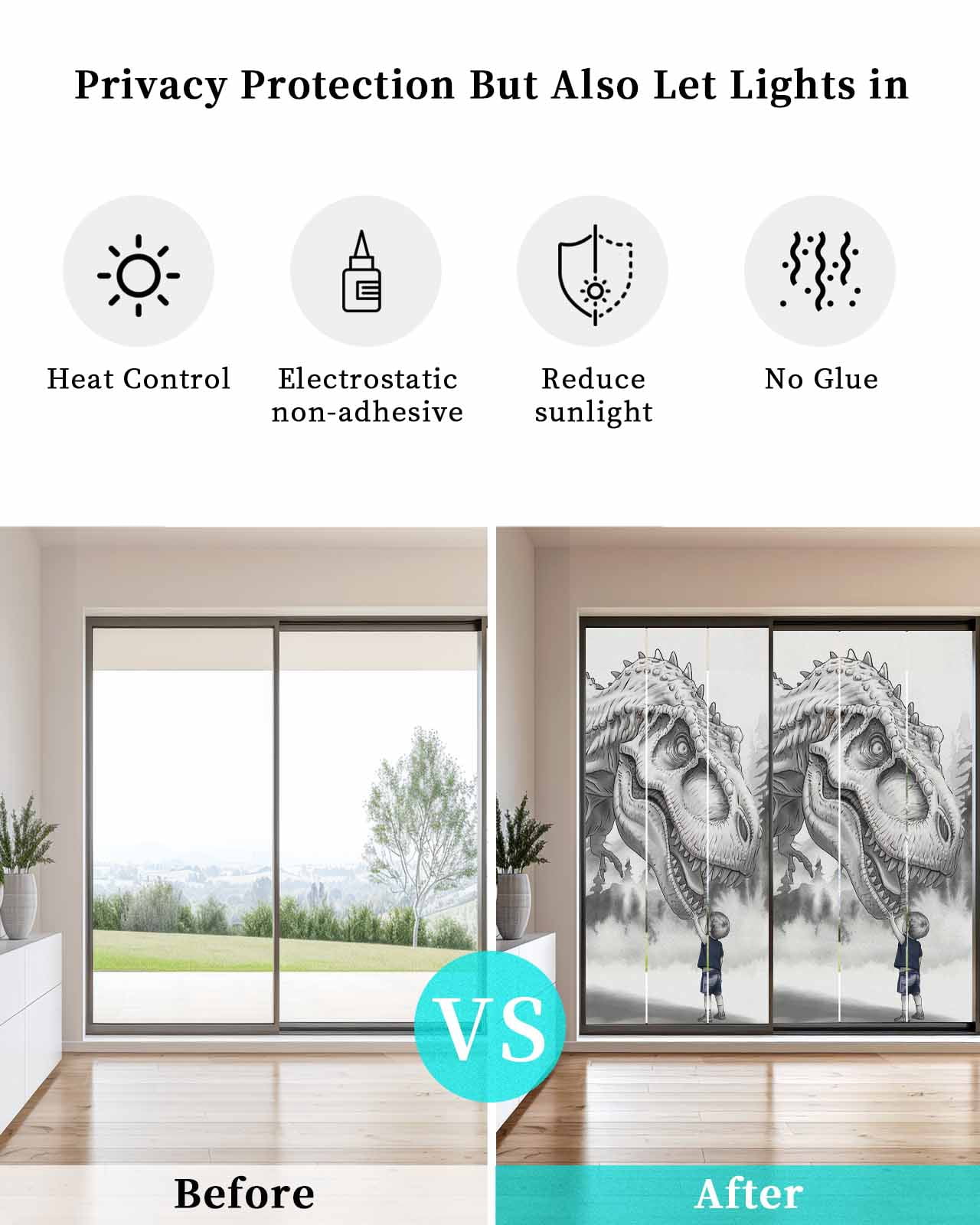 Window Privacy Film Dinosaurs Boy Stained Glass Window Film Decorative Sun Block Window Cover Gray Funny Cartoon Forest Animals Window Clings Static Adhesive Sticker for Bathroom 23.6"x59"