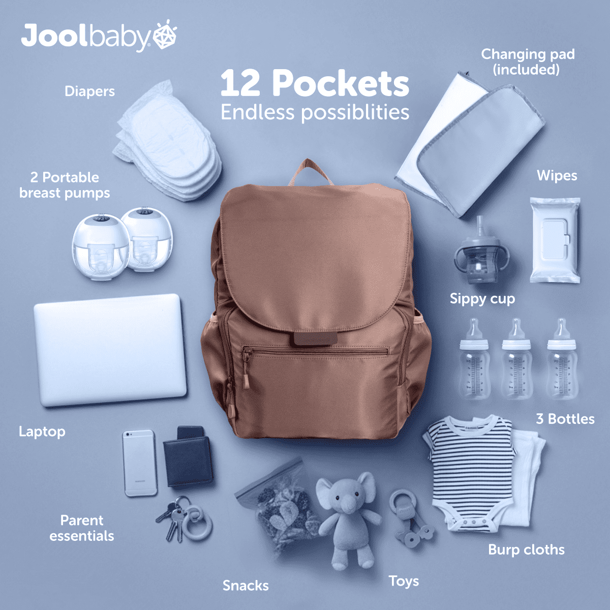 Jool Baby Diaper Bag Backpack with Changing Pad, Large Capacity, Insulated And Portable, Brown