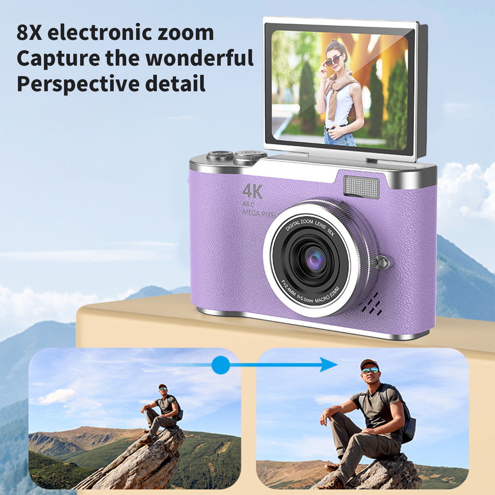 Digital Camera, Gaqring 2.4 Inch Flip Screen Autofocus 1080P HD Selfie Beauty Camera, 8X Digital Zoom 48MP CMOS Sensor Night Vision Flash Portable Teen Camera, Purple