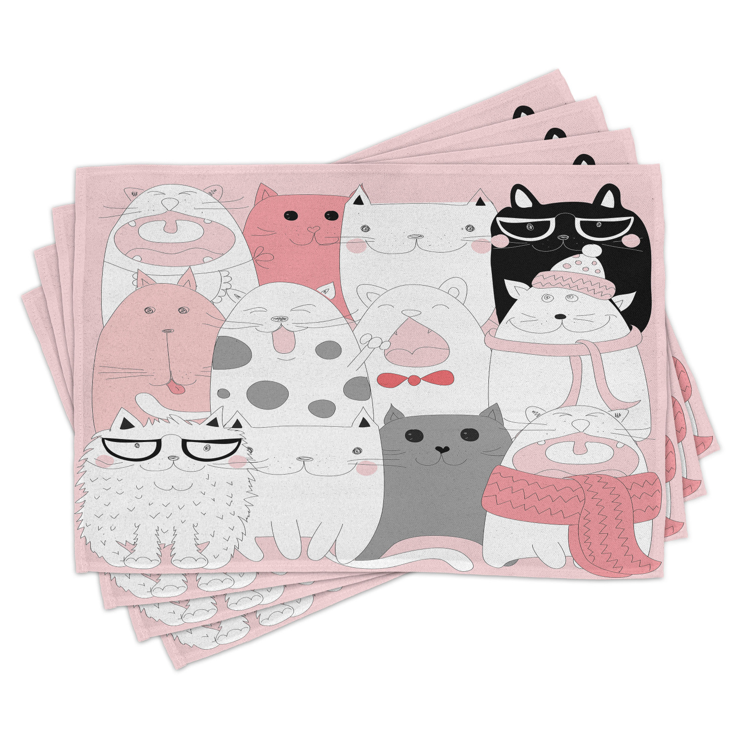 Cat Placemats Set of 4 Cute Cartoon Kittens Collection Funny Smiling Glasses Scarfs Doodle Humor