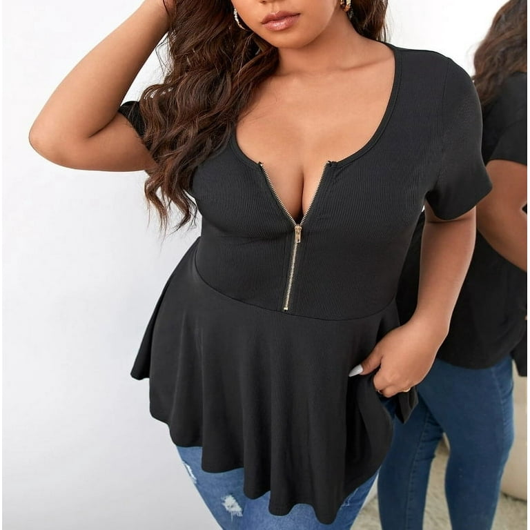 Plus Size Women Sexy Half Zip Up Low Cut Short Sleeve Ruffle