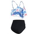 thumbnail image 4 of Women High Waisted Bikini Ruffle Swimsuit Flounce Pom Pom Trim Two Piece Bathing Suit Tassel Blue Leaves (L, 4 of 5