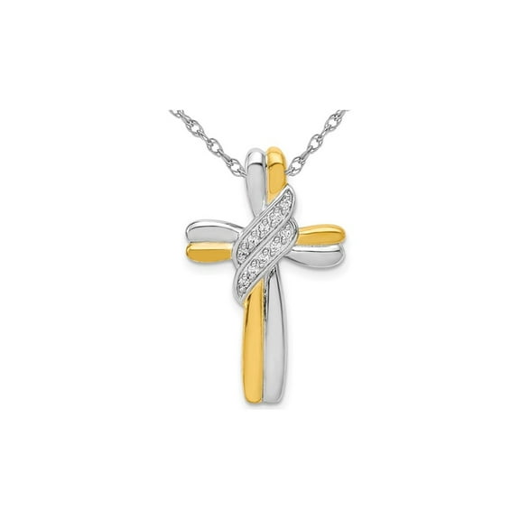 14K White and Yellow Gold Cross Pendant Necklace with Chain and Accent Diamonds