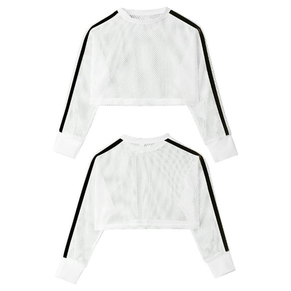 Oyolan Kids Girls Mesh Long Sleeves Hip Hop Dance Crop Top Gym Fitnes Workout Outfits Ivory 12